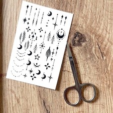 Tiny Finger Tattoos, Temporary Tattoo sheet, Black Tattoos, Celestial Tattoos
