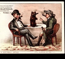 Currier & Ives Victorian Trade Card c. 1880 Sociable Dog Smoking Tobacco SR.140