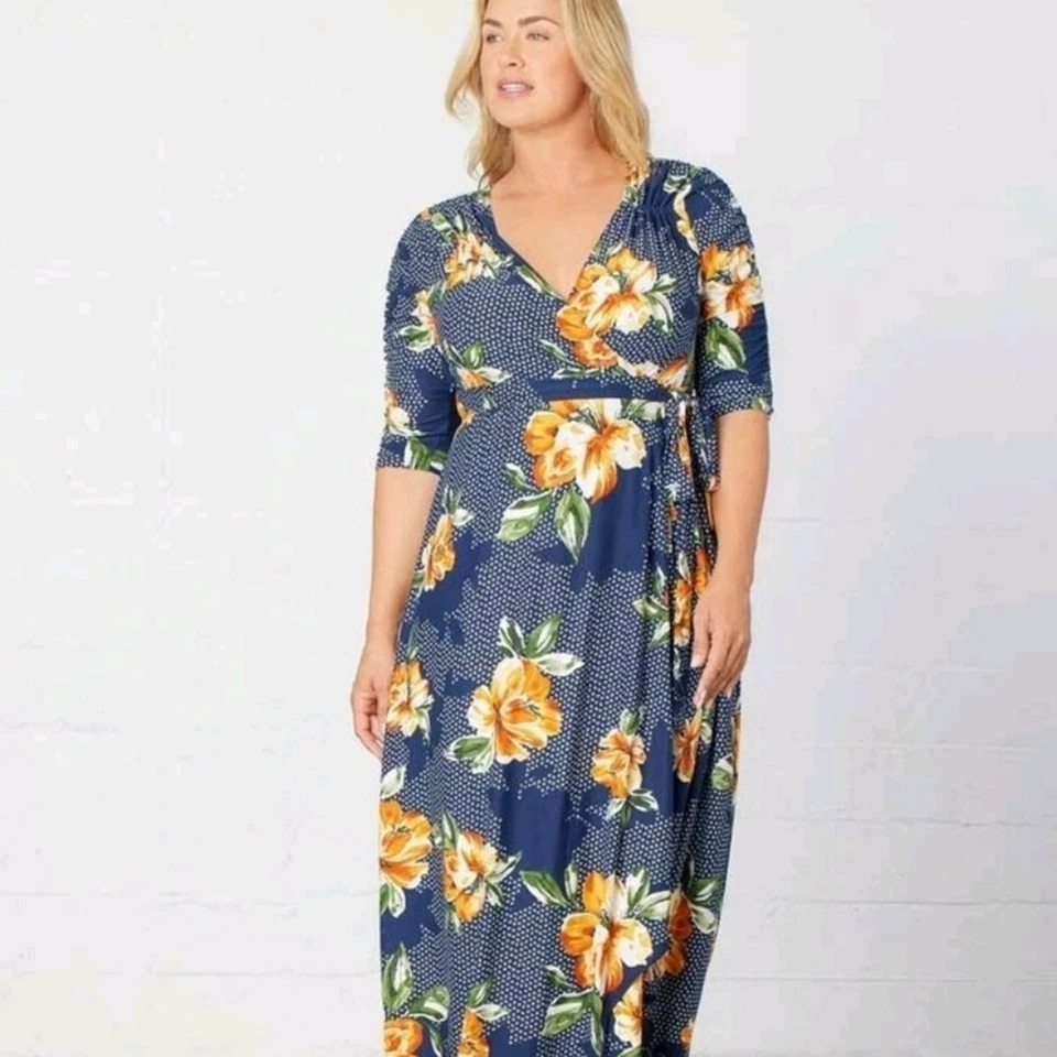 Vestido Kiyonna Prado Estilo Sueño Azul Marino y Naranja Floral 4x Maxi Vestido Envolvente Raro Foto 2 de 4