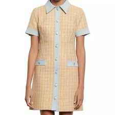Sandro Paris Mella Metallic Gold Tweed Knit Denim Trim Button Front Shirt Dress