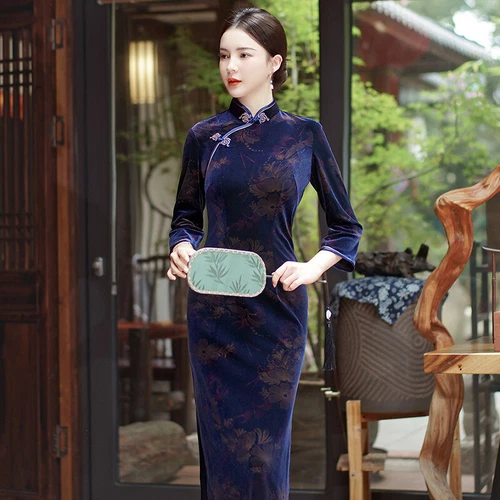 Mujeres Otoño Invierno Terciopelo Qipao Vestido Chino Largo Cheongsam Noche Fiesta Vestido - Imagen 13 de 17