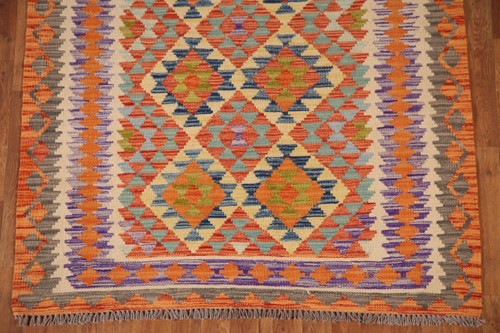 Geometric Reversible Kilim 4x6 ft. Pakistani Rug Wool Hand-Woven Carpet - Picture 4 of 10