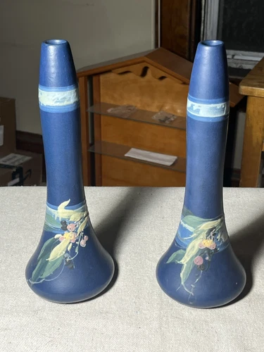 Pair / Weller Hudson Blue Decorated 1920s Pottery Hand Painted Ceramic Bud Vases