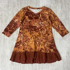 LOGO Lounge Goldstein 3/4 Sleeve V-Neck Print Tunic Top Orange Ruffle Hem XS