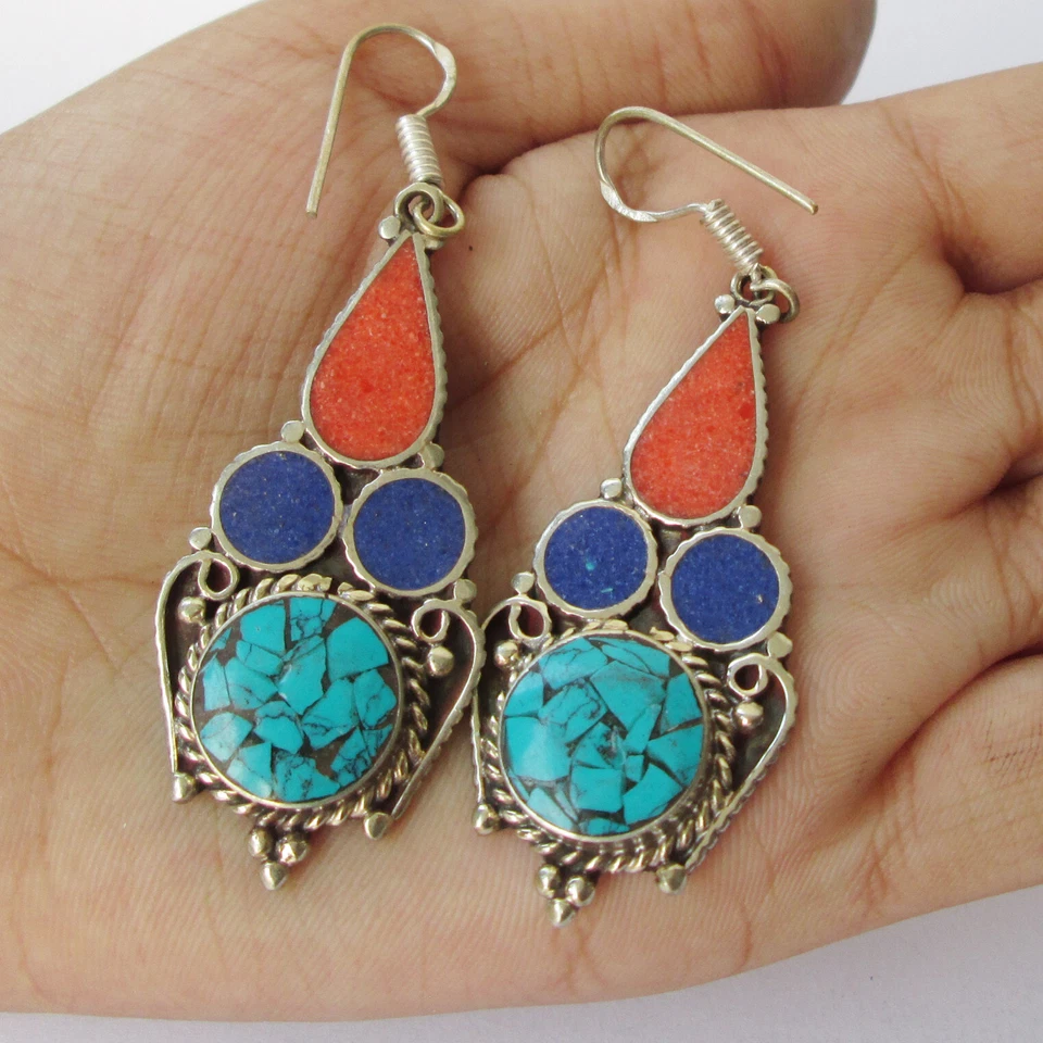 Auténticos Pendientes Boho Turquesa Coral Lapislázuli Regalo de Navidad Joyería Artesanal Foto 2 de 4