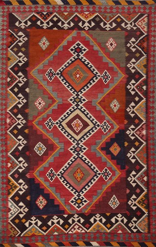 Tappeto tribale semi-antico lana reversibile Kilim Qashqai tessuto a mano 5x8 - Foto 1 di 15