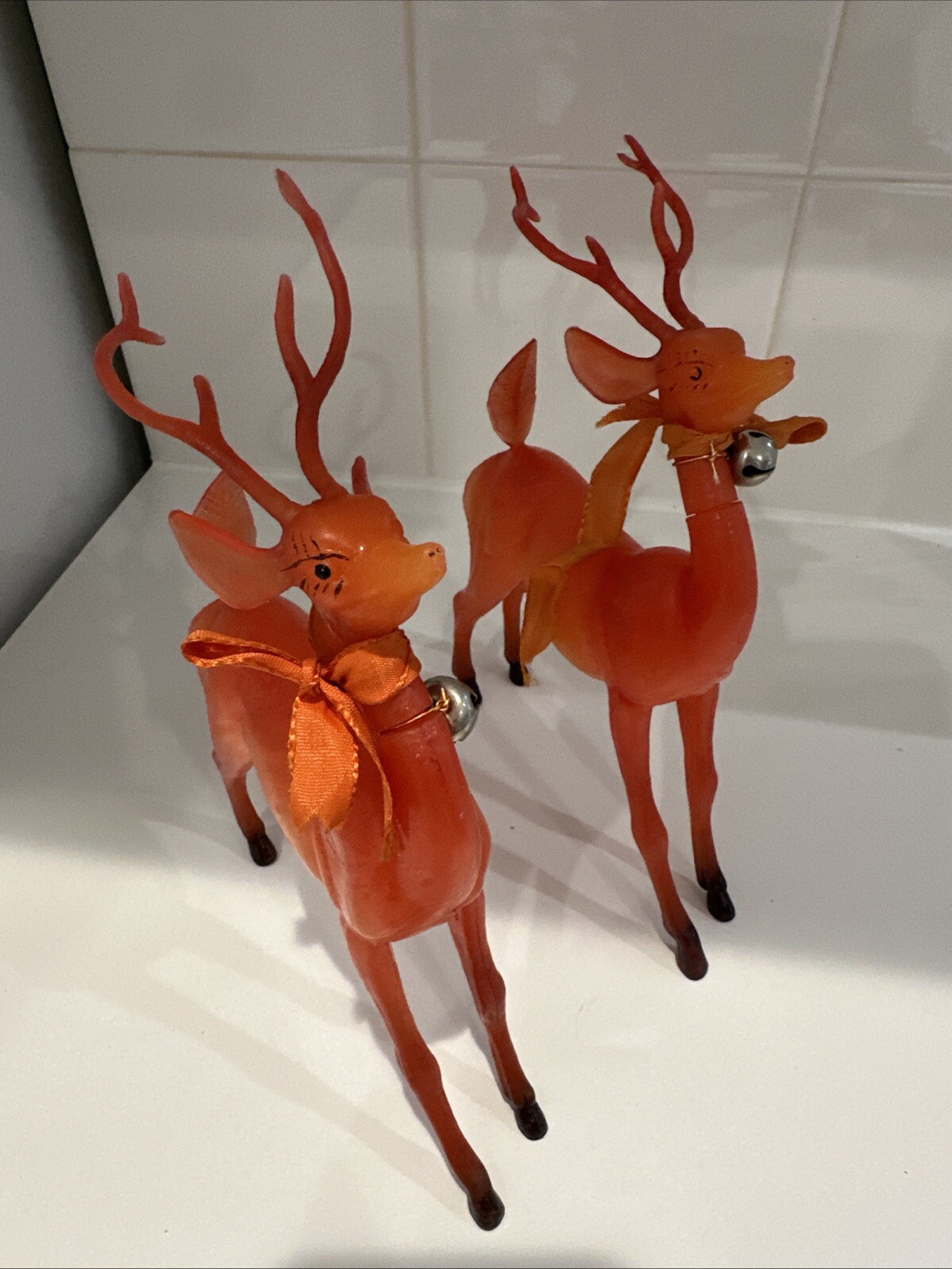 Two Vintage Red Plastic Reindeers 4.5” X 10”