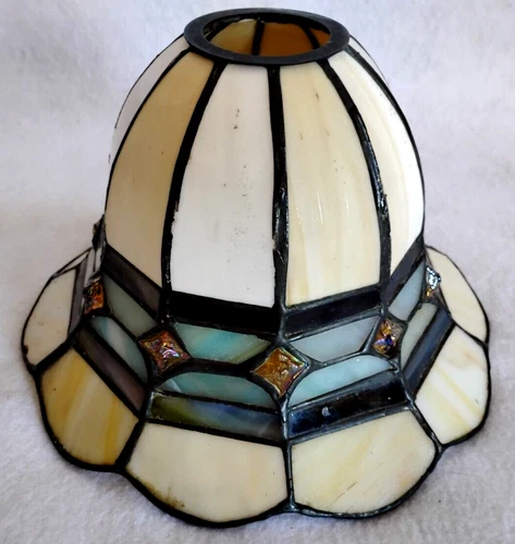 Vintage Tiffany Style Leaded Slag & Stained Glass Lamp Shade Jeweled Small Crack