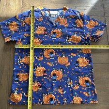 Women's Cute Halloween Scrub Cotton Uniform Top Blue Cats Pumpkin Sz S
