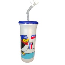 Pepsi Plastic Tumbler 32oz White Vintage 90s Penguin Skating Sport Quart Straw