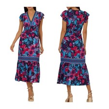 Adrianna Papell Floral Multi Midi Dress Size 14 Smocked Waist Flutter Sleeve
