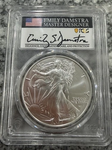 2022 SILVER EAGLE PCGS MS70 FIRST STRIKE EMILY DAMSTRA HAND SIGNED FLAG LABEL