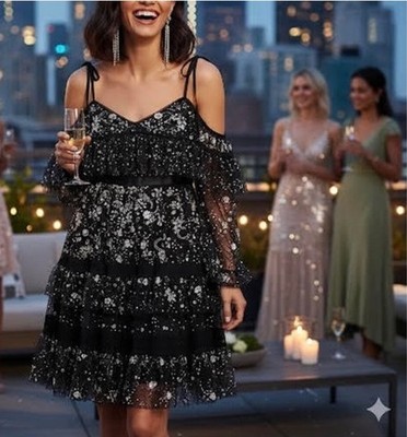 Needle & Thread Supernova Dress Tiered Ruffle Embellished Black Size 6