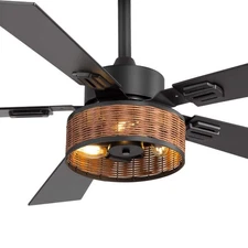 Breezary Farmhouse 48" Black 3-Light Ceiling Fan Indoor Downrod w/ Rattan Remote