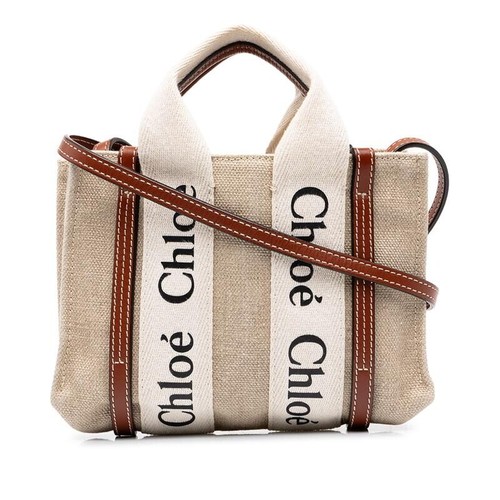 Chloe Woody Shoulder Bag Canvas Leather Beige Brown Mini Womens Crossbody