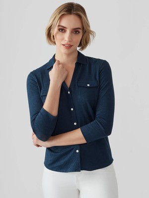 NEW  Women J. McLaughlin Brynn Linen Stretch 3/4 Sleeve Button Down Shirt Navy