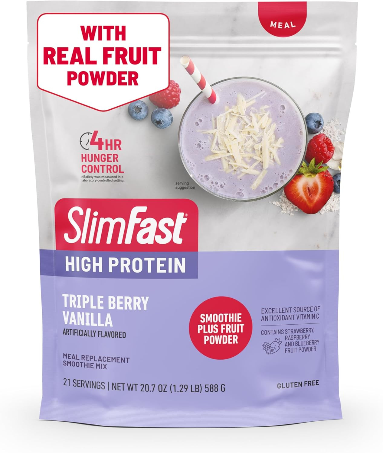 Slimfast High Protein Smoothie, Meal Replacement, Triple Berry Vanilla, 21 Serv.