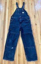 Carhartt USA R01 BLK Mens 42x34 Duck Canvas Double Front Overalls Black Distress