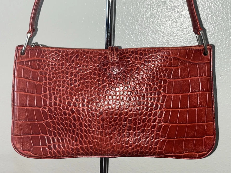 罕见 Longchamp 红色 Roseau 水饺包 Croc 皮革蝴蝶衬里单肩包 法国 — 第 4/4 张图片