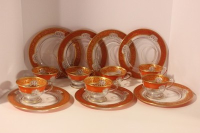 Antique Moser Attributed Glass Cup/Saucer Set, HP Enamel, 7 Sets Available