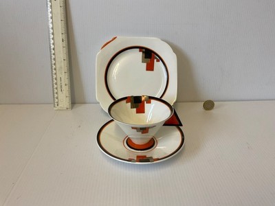 ART DECO SHELLEY ENGLAND VOGUE TASSE UNTERTASSE TELLER BONE CHINA TRIO ORANGE SCHWARZ