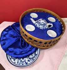   Vintage Porcelain Miniature Asian 7 Piece Tea Set in Original Basket Carrier