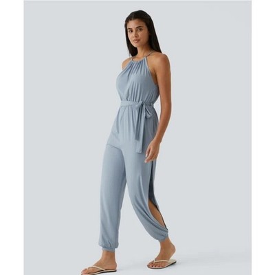 HALARA Harem Jumpsuit 3X Halter Tie-Waist Side Slits Blue Fog InstantCool