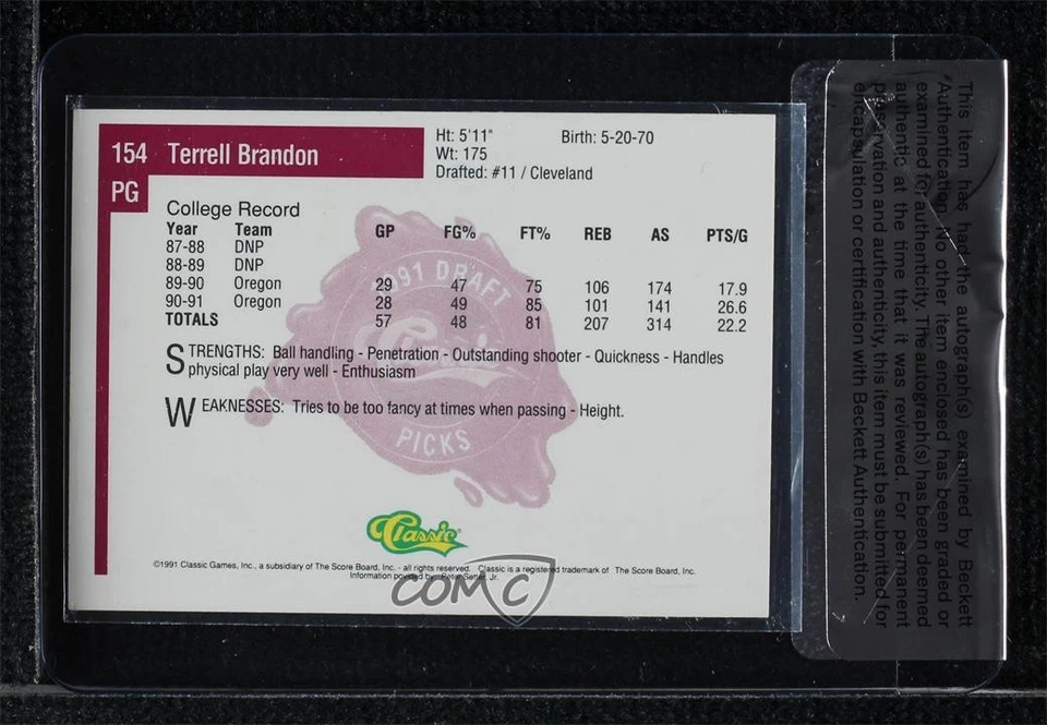 BAS 1991 Classic Draft Picks Terrell Brandon #154 Seal of Authenticity Rookie RC - Image 2 of 2