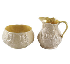 Belleek Cream Jug and Sugar Set Lotus Pattern 6th Green Mark 1965 - 80