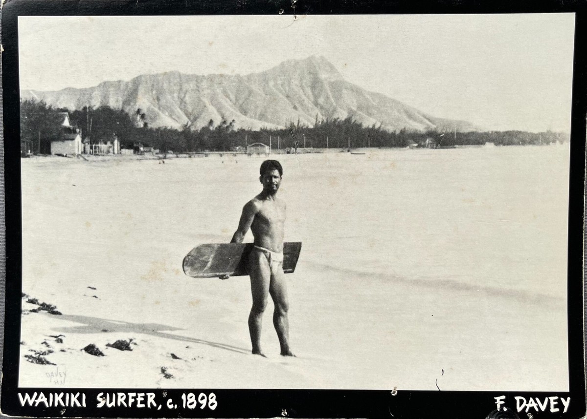 HAWAIIAN SURFER BOY on WAIKIKI BEACH 1898 F Davey Photographer