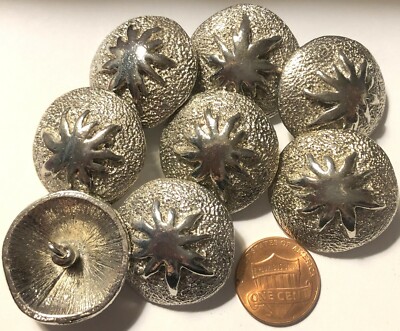 8 Shiny Silver Tone Metal Heavy Domed Shank Buttons 1 1/8'' 28mm US Made 6400
