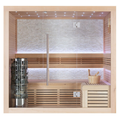 Sauna 180x120 cm aus Hemlock 6,8kW Cilindro Ofen Saunakabine