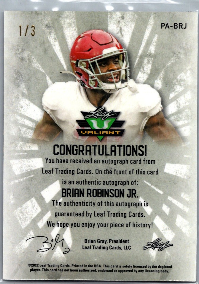 2022 Leaf Valiant Portrait Autographs Brian Robinson Jr. 1/3 *Ready 2