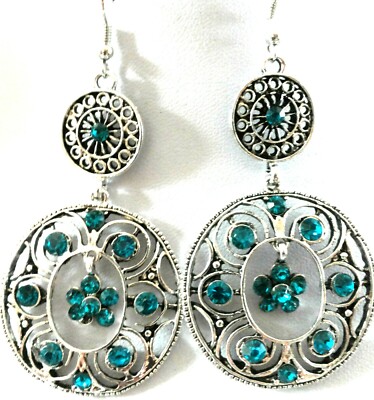 Boucles D'oreilles Ancien Style Avec Strass Turquoise - Métal Argenté Sans Nickel - Neuf Avec étiquettes