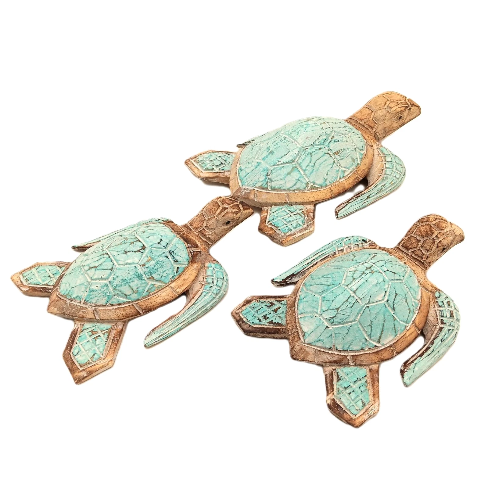 indonesian handmade rustic hand carved large sea turtle wood carving set with adult and hatchlings coastal nautical wildlife sealife beach natural home decor