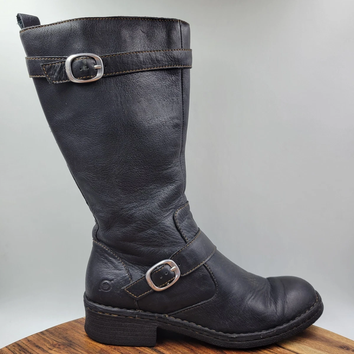 Born Knee High Boots Women s 8.5M Black Leather Comfort Moto Buckle Strap Zip