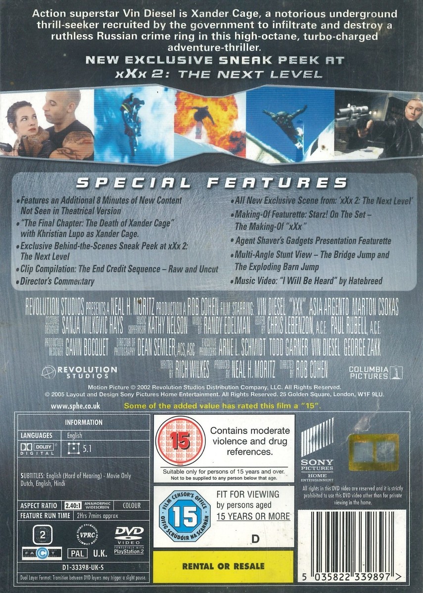 xXx (2002) Xtreme Edition DVD, Vin Diesel, Asia Argento, Marton
