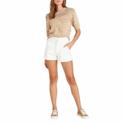 Veronica Beard Crochet Knit Beige Tan Short Sleeve Sweater Top Size Large L NEW