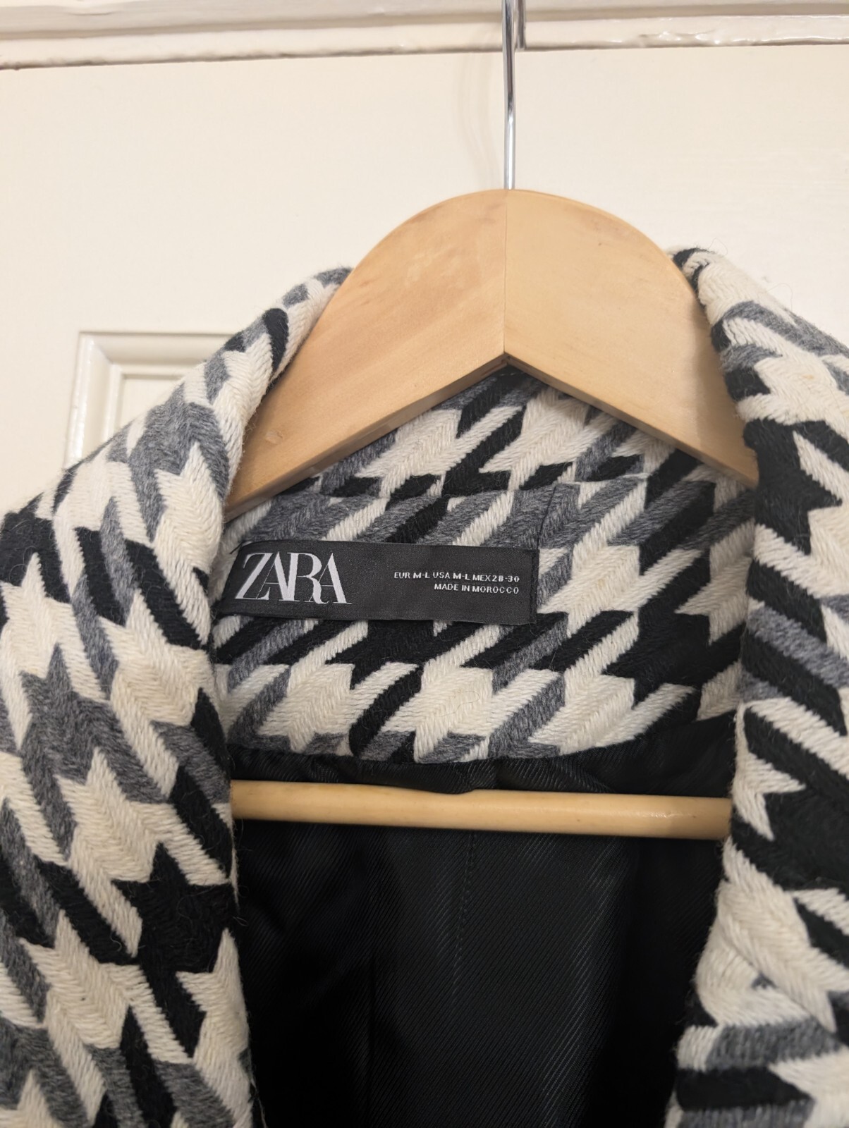 Rare ZARA Houndstooth Wool Blend Black Grey & White Coat Jacket - Size M-L image 7