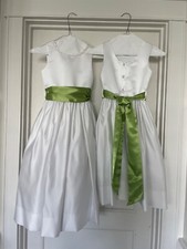 Us Angels two matching white flower girl dress with green sash size 7  10