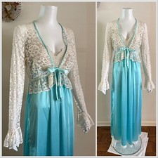 1970s Miss Elaine 2 Pc Lace Bed Jacket Negligee Nightgown Boho Hostess Gown VTG