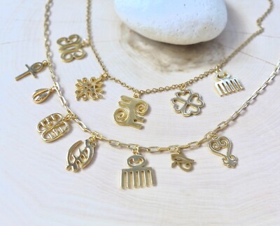 Gold Adinkra Necklace, Tribal, Paperclip, Cable, Custom Charms, Africa,  Ghana