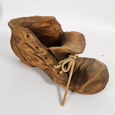 FOLK ART CARVED WOOD DETAILED SHOE BOOT With LEATHER LACE Artist