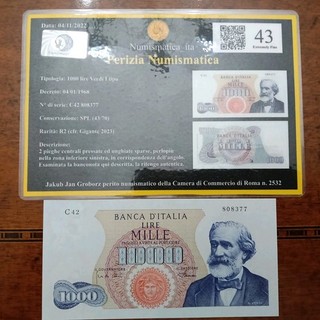 1000 LIRE VERDI 1° TIPO DECR. 04/01/1968 MOLTO RARA PERIZIATA