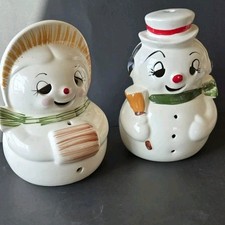 Vintage 8" Ceramic Snowman Rare Pair Candle Cover Tea Light or Votive 1950, 60's
