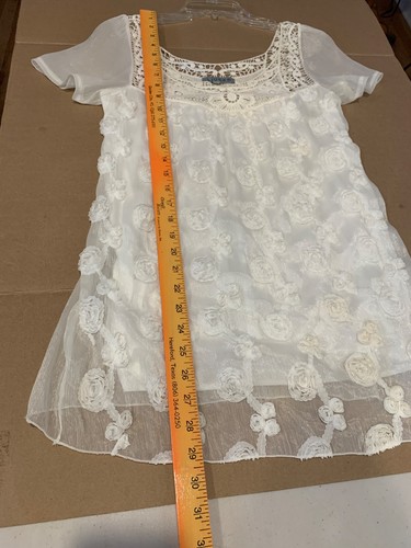 Liuces White Top Rosettes Crochet Trim Sz S Sheer Lace Romantic Bohemian Fairy - Picture 9 of 13