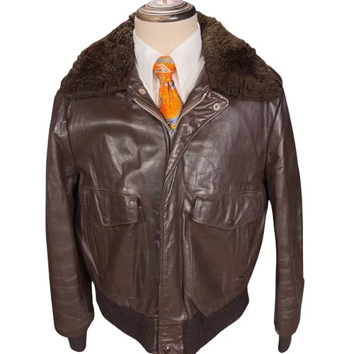 Gino Leathers Bomber Jacket Mens 42 Brown Faux Fur Collar Flight Aviator USA VTG - product listing photo