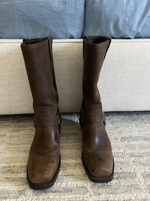 Frye Brown Leather Harness Biker Boots Square Toe Mid-Calf Women s