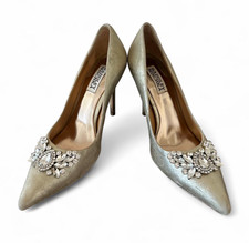 Badgley Mischka Women  s Gold Leather 4  Pointed Toe Rhinestone Pumps Size 7