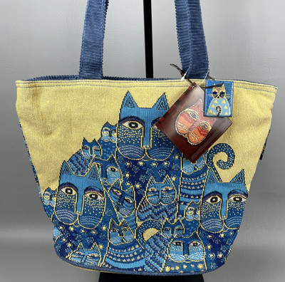 Laurel Burch Indigo Cats Medium Tote Bag NWT Gold Metallic Blue Tapestry